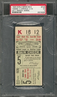 1926 World Series Game 5 Ticket Stub From 10/7/1926 (PSA VG-3)